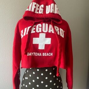 Red Lifeguard Cropped Hoodie. Daytona Beach. Small.